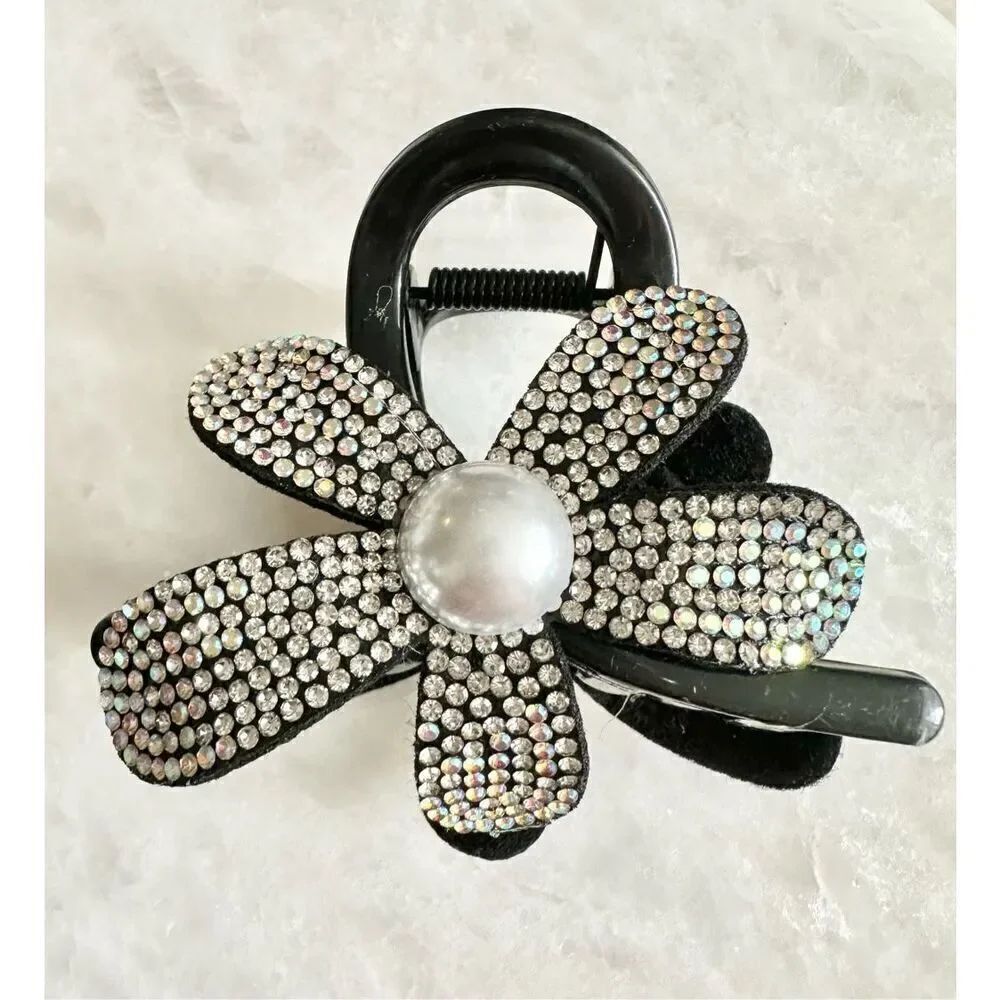 Black Flower hair claw with rhinestones and pearl Embellishments